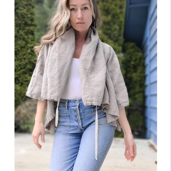 The Hadleigh 100% Linen Natural Tan Cream Shrug Wrap by bryn Walker Sz L - Picture 9 of 13